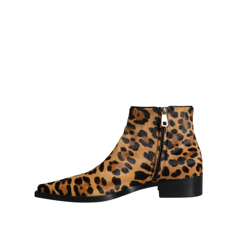 Dolce & Gabbana Braun Leopard Kalb Pelz Ankle Stiefel Schuhe