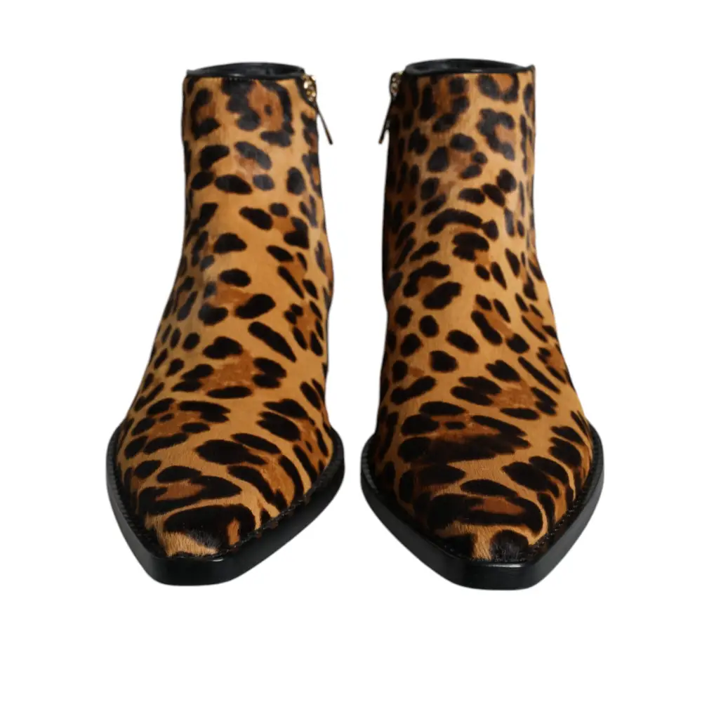 Dolce & Gabbana Braun Leopard Kalb Pelz Ankle Stiefel Schuhe