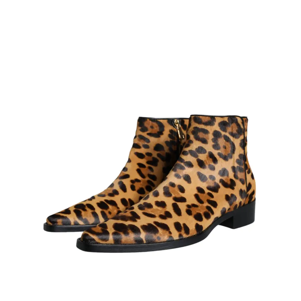 Dolce & Gabbana Braun Leopard Kalb Pelz Ankle Stiefel Schuhe