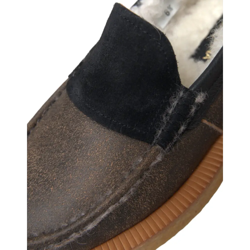 Dolce & Gabbana Braun Schwarz Fell Leder Loafers Männer Schuhe - EU40.5/US7.5