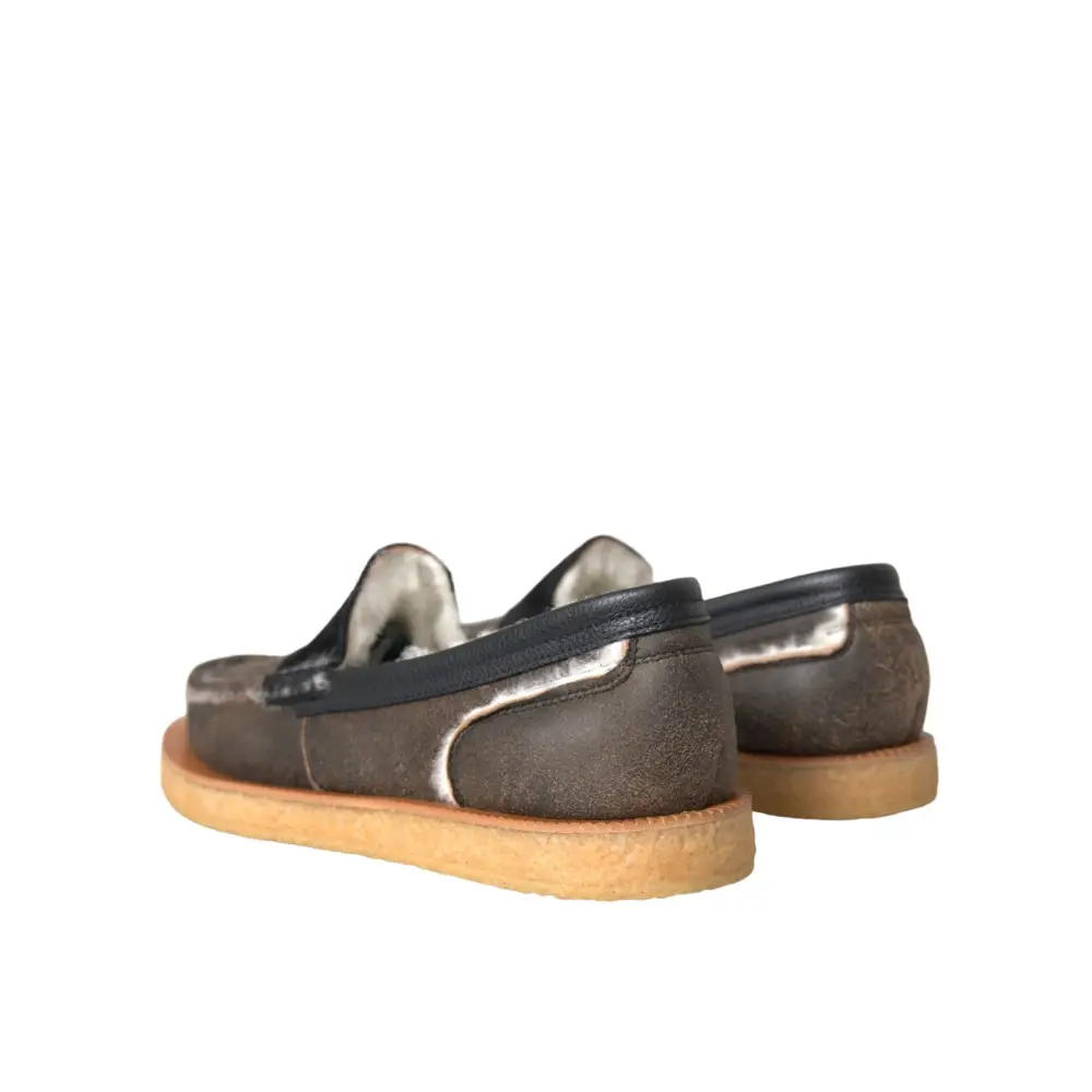 Dolce & Gabbana Braun Schwarz Fell Leder Loafers Männer Schuhe - EU40.5/US7.5