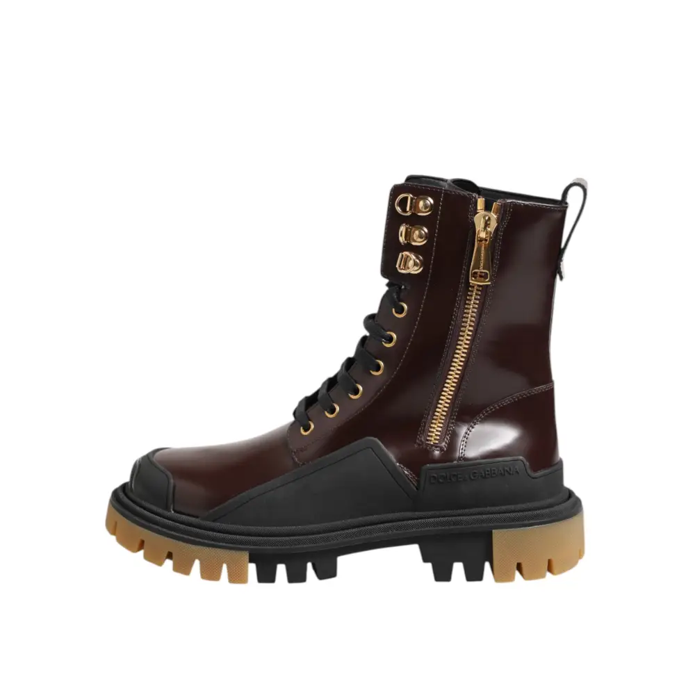 Dolce & Gabbana Braun Schwarz Leder Stiefel Reißverschluss Schnürschuhe - EU40/US7