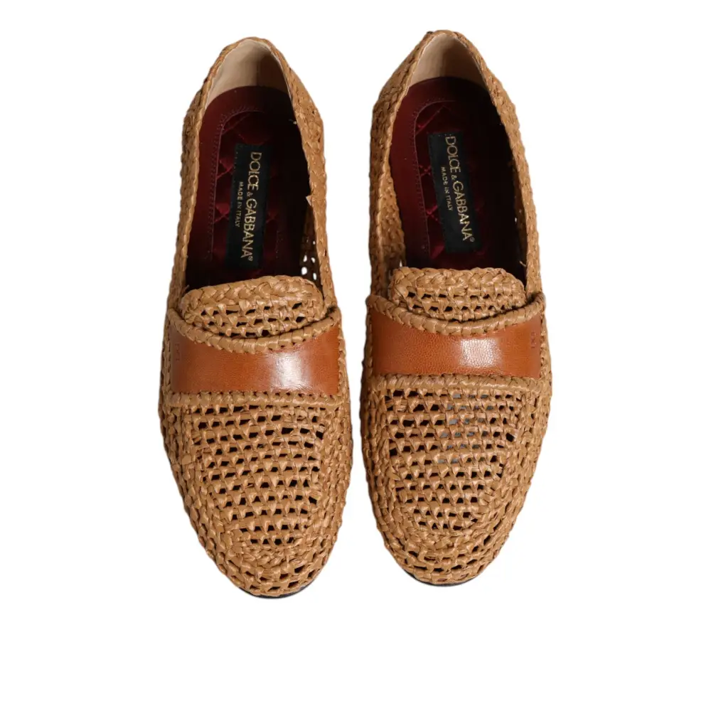 Dolce & Gabbana Braune gewebte Raffia Slip On Loafers Schuhe