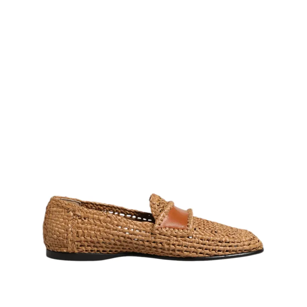 Dolce & Gabbana Braune gewebte Raffia Slip On Loafers Schuhe