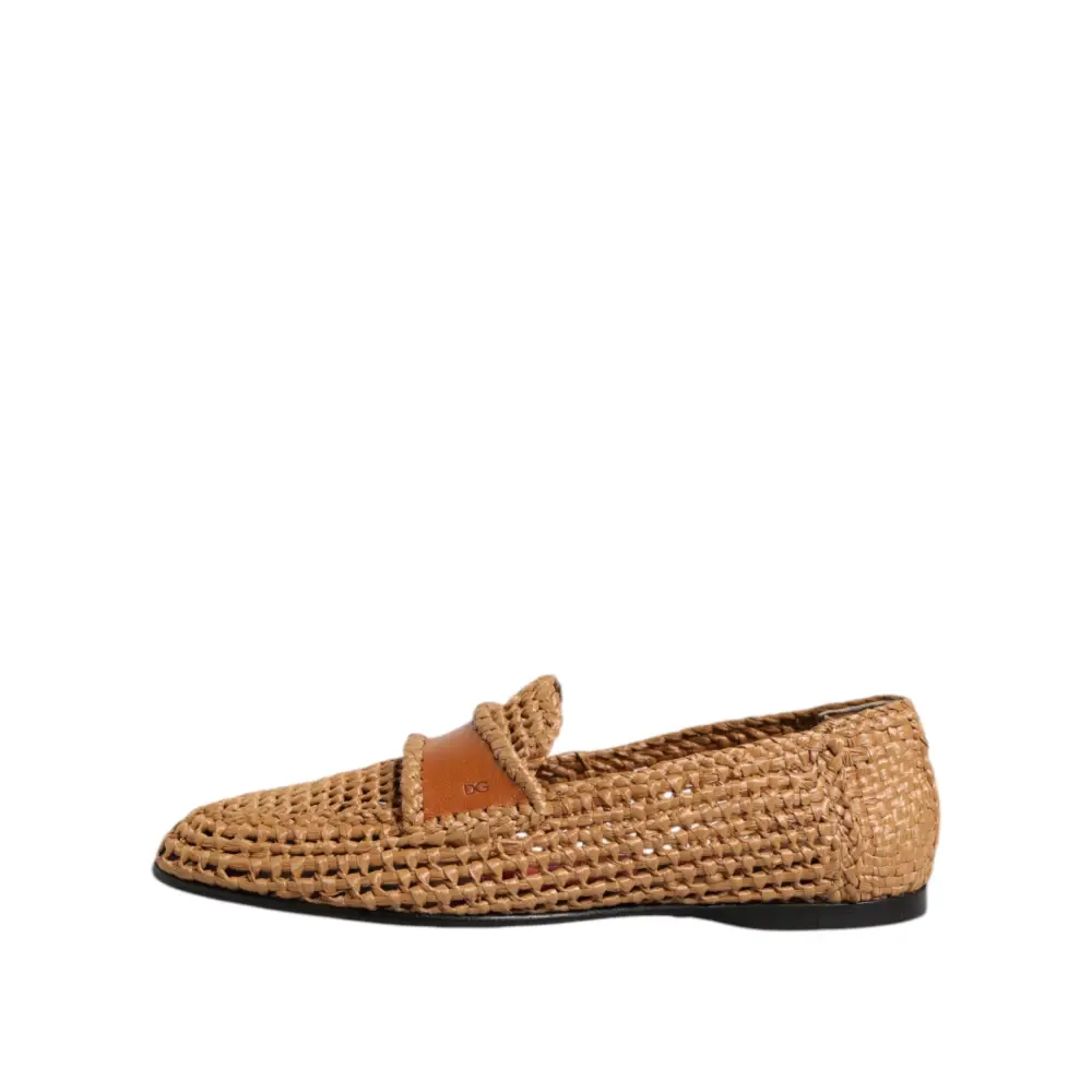 Dolce & Gabbana Braune gewebte Raffia Slip On Loafers Schuhe