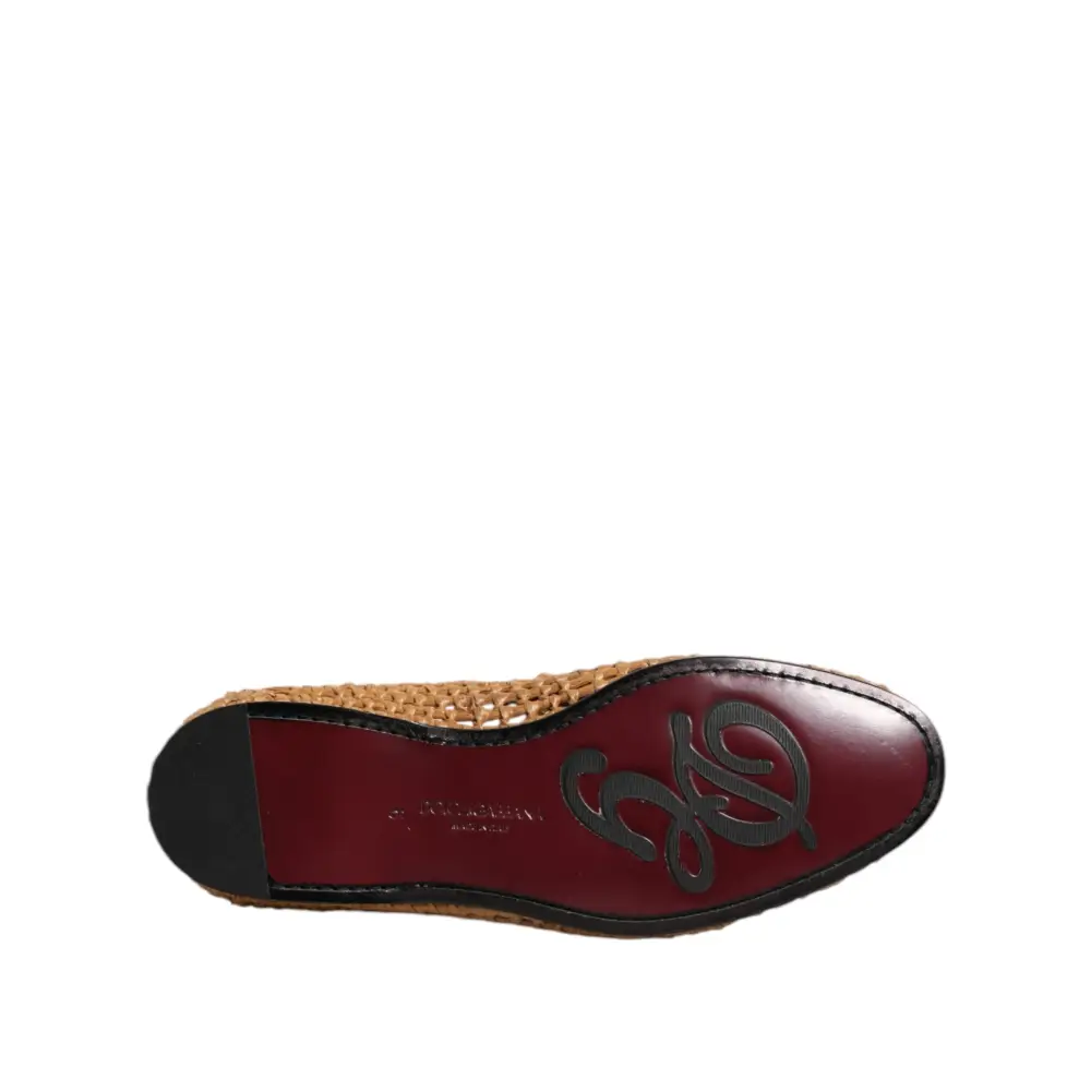 Dolce & Gabbana Braune gewebte Raffia Slip On Loafers Schuhe