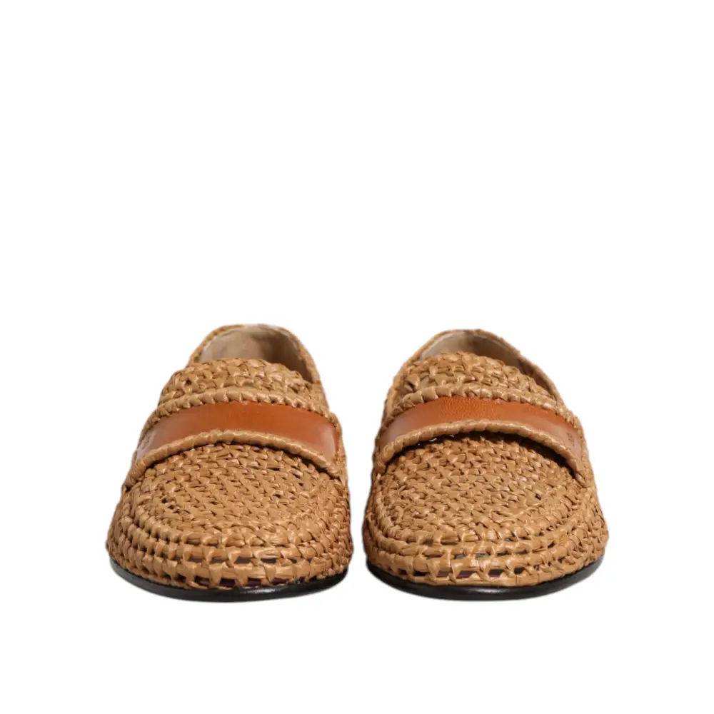 Dolce & Gabbana Braune gewebte Raffia Slip On Loafers Schuhe