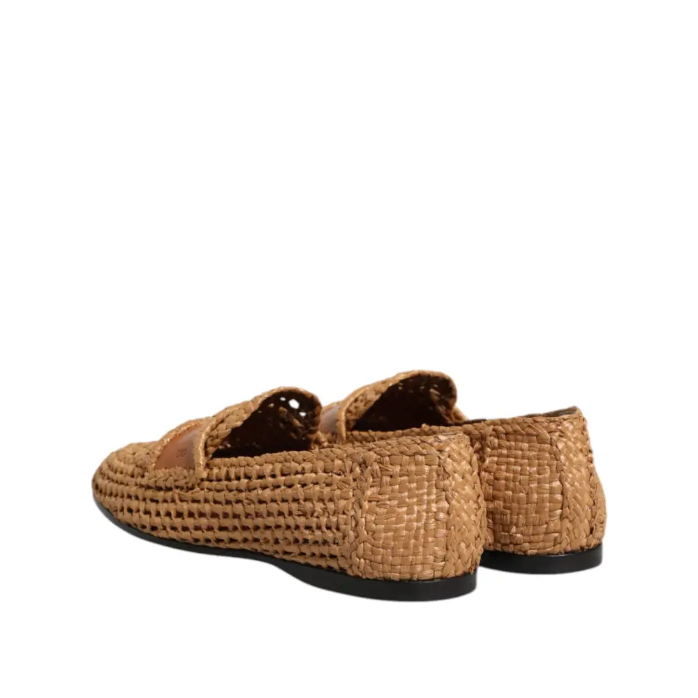 Dolce & Gabbana Braune gewebte Raffia Slip On Loafers Schuhe