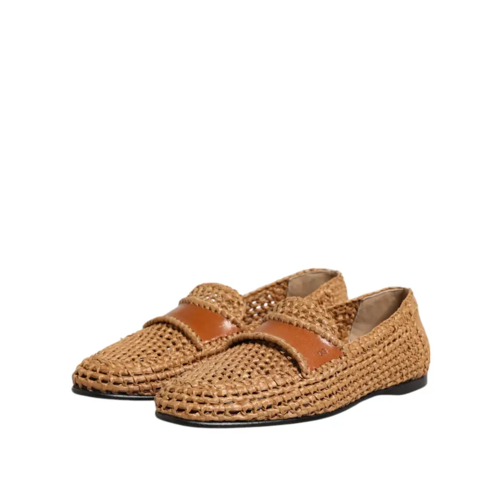 Dolce & Gabbana Braune gewebte Raffia Slip On Loafers Schuhe