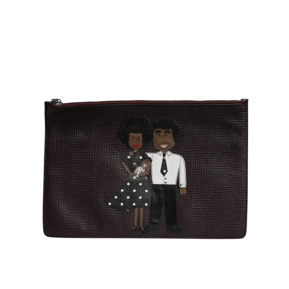 Dolce & Gabbana Braunes Leder #DGFAMILY Verschönerte Herren Clutch Pouch Tasche