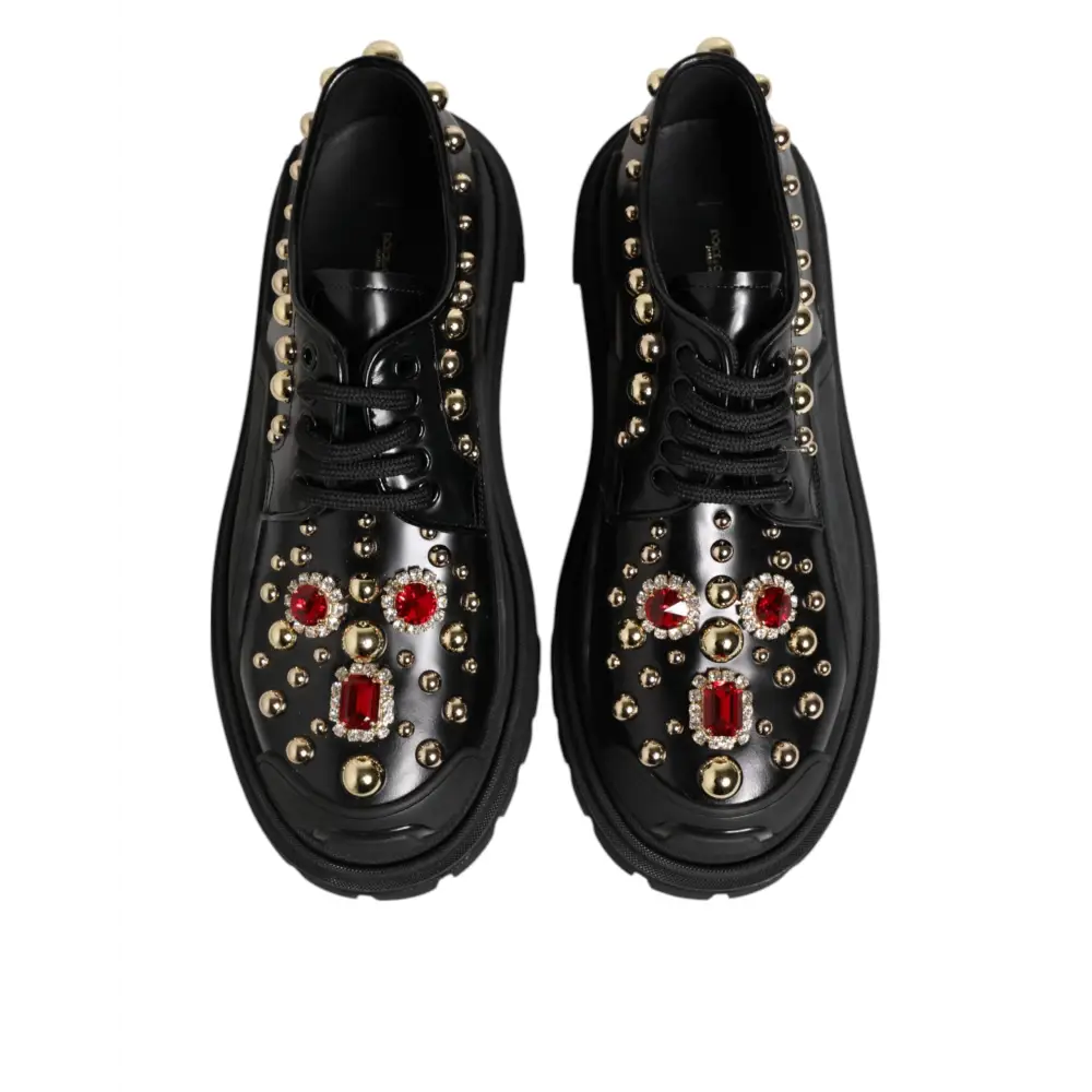 Dolce & Gabbana Derby-Schuhe aus schwarzem Leder mit Juwelen und Kristallen
