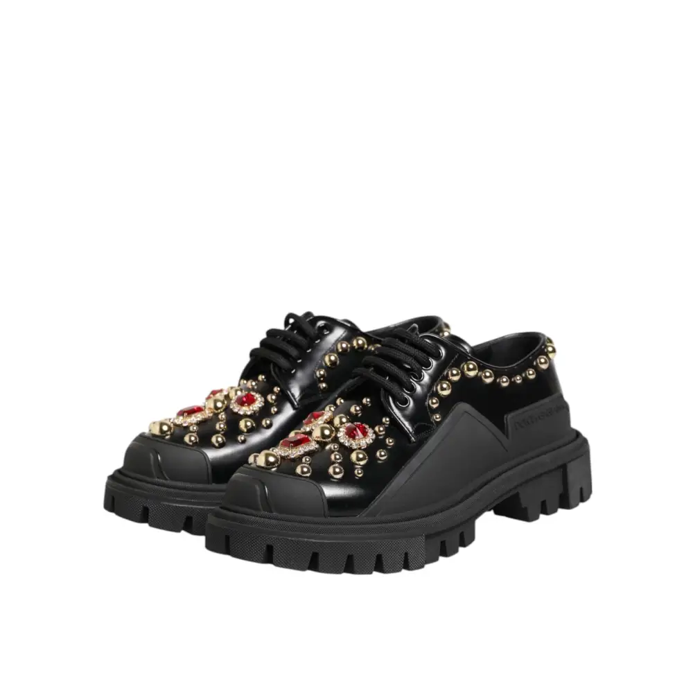 Dolce & Gabbana Derby-Schuhe aus schwarzem Leder mit Juwelen und Kristallen