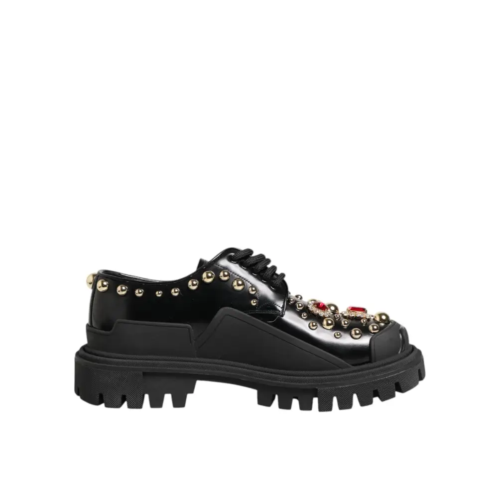 Dolce & Gabbana Derby-Schuhe aus schwarzem Leder mit Juwelen und Kristallen