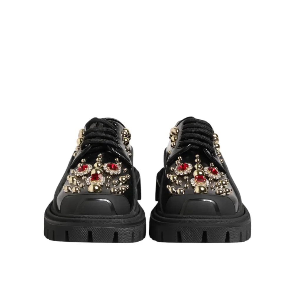 Dolce & Gabbana Derby-Schuhe aus schwarzem Leder mit Juwelen und Kristallen