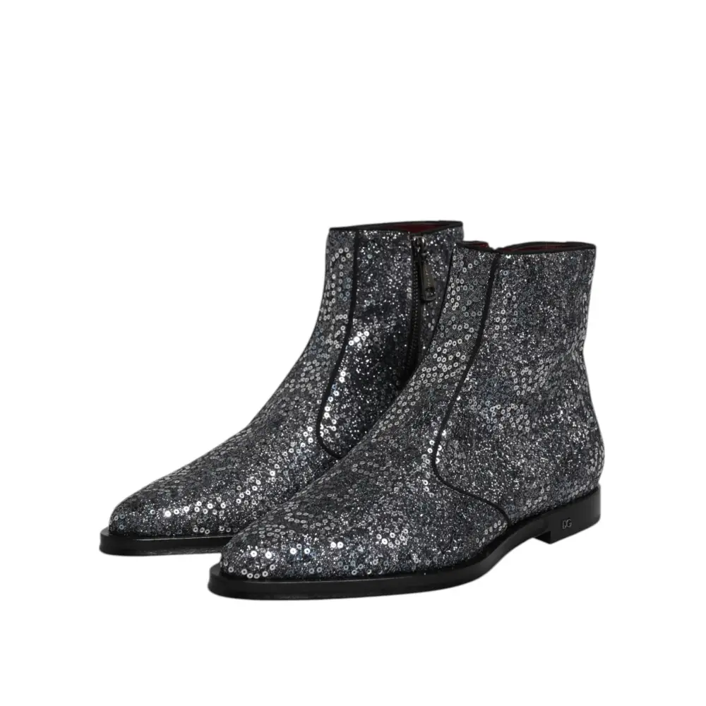 Dolce & Gabbana Dunkelgraue Baumwolle Pailletten Chelsea Boots Schuhe - EU41/US8