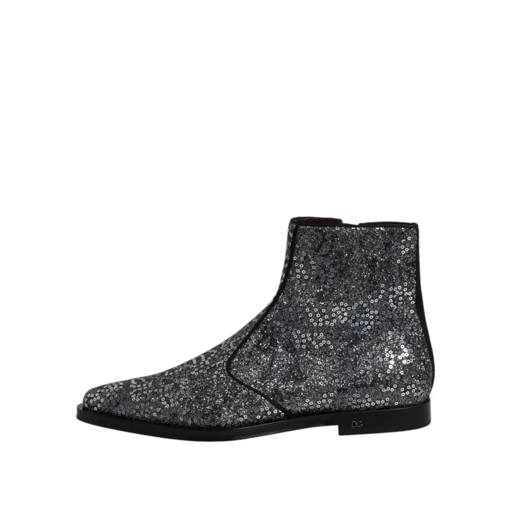 Dolce & Gabbana Dunkelgraue Baumwolle Pailletten Chelsea Boots Schuhe - EU41/US8
