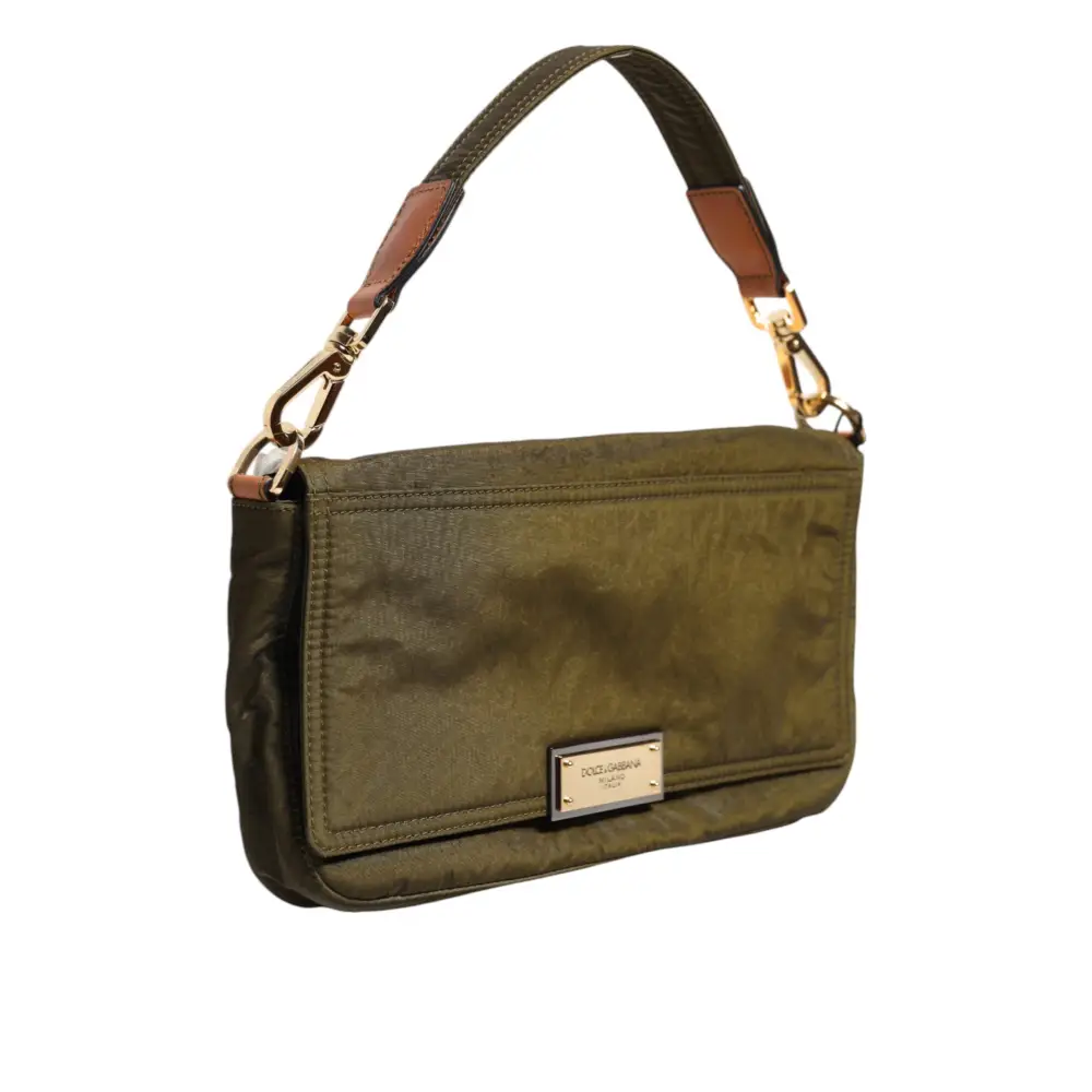 Dolce & Gabbana Dunkelgrünes Nylon Logo Plaque Schulterriemen Borse Tasche