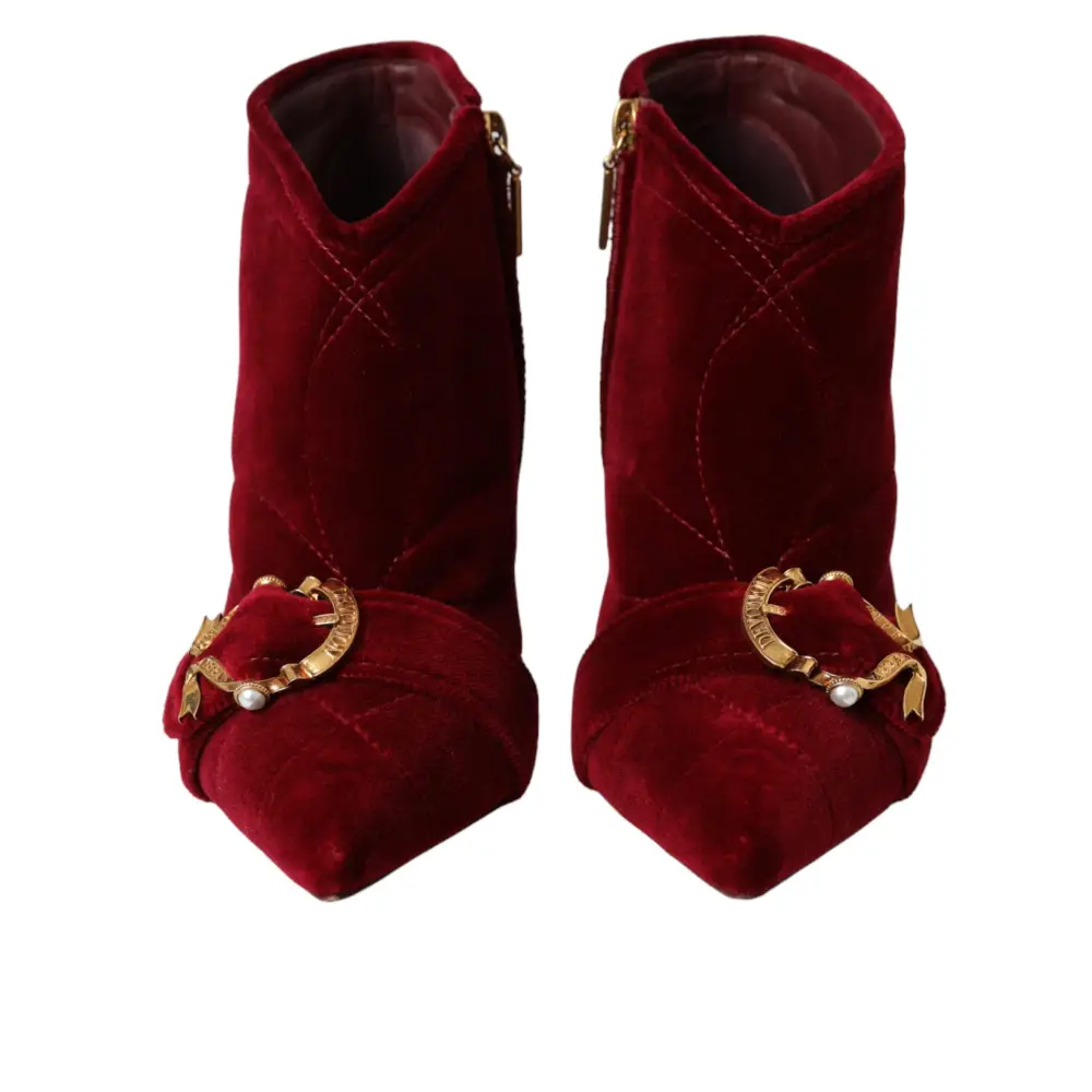Dolce & Gabbana Dunkelroter Samt Devotion Schnalle Stiefel Schuhe