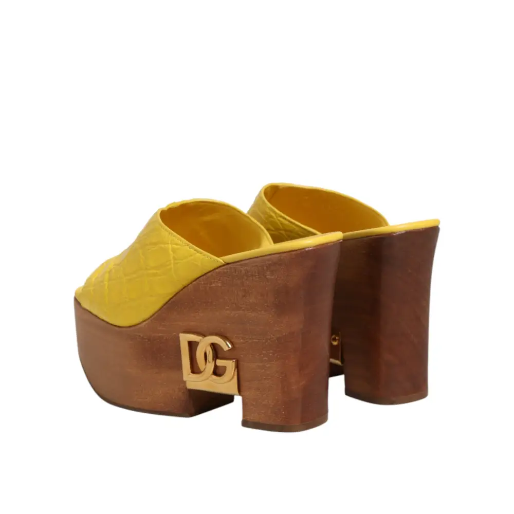Dolce & Gabbana Gelbe Leder-Holz-Mule-Keil-Slides