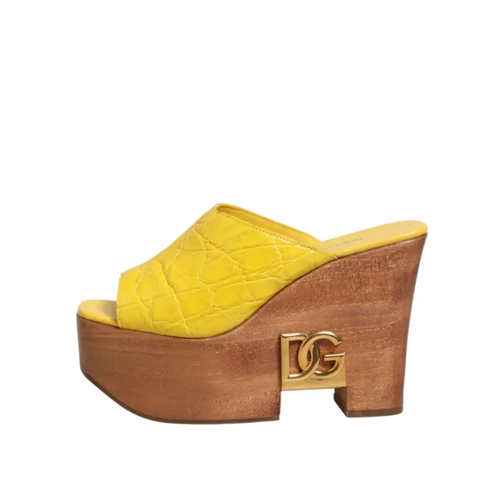 Dolce & Gabbana Gelbe Leder-Holz-Mule-Keil-Slides