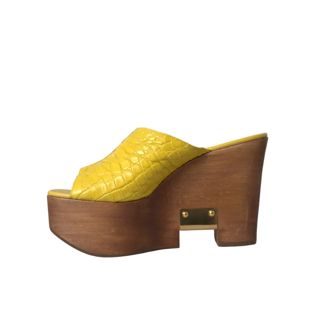 Dolce & Gabbana Gelbe Leder Holz Pantoffel Keil Rutschen Schuhe