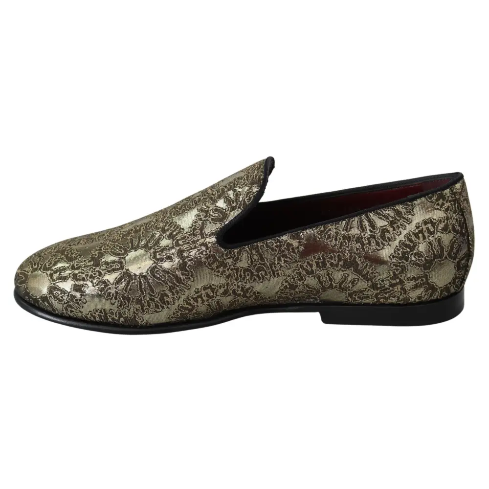 Dolce & Gabbana Gold Jacquard Flats Herren Loafers Schuhe