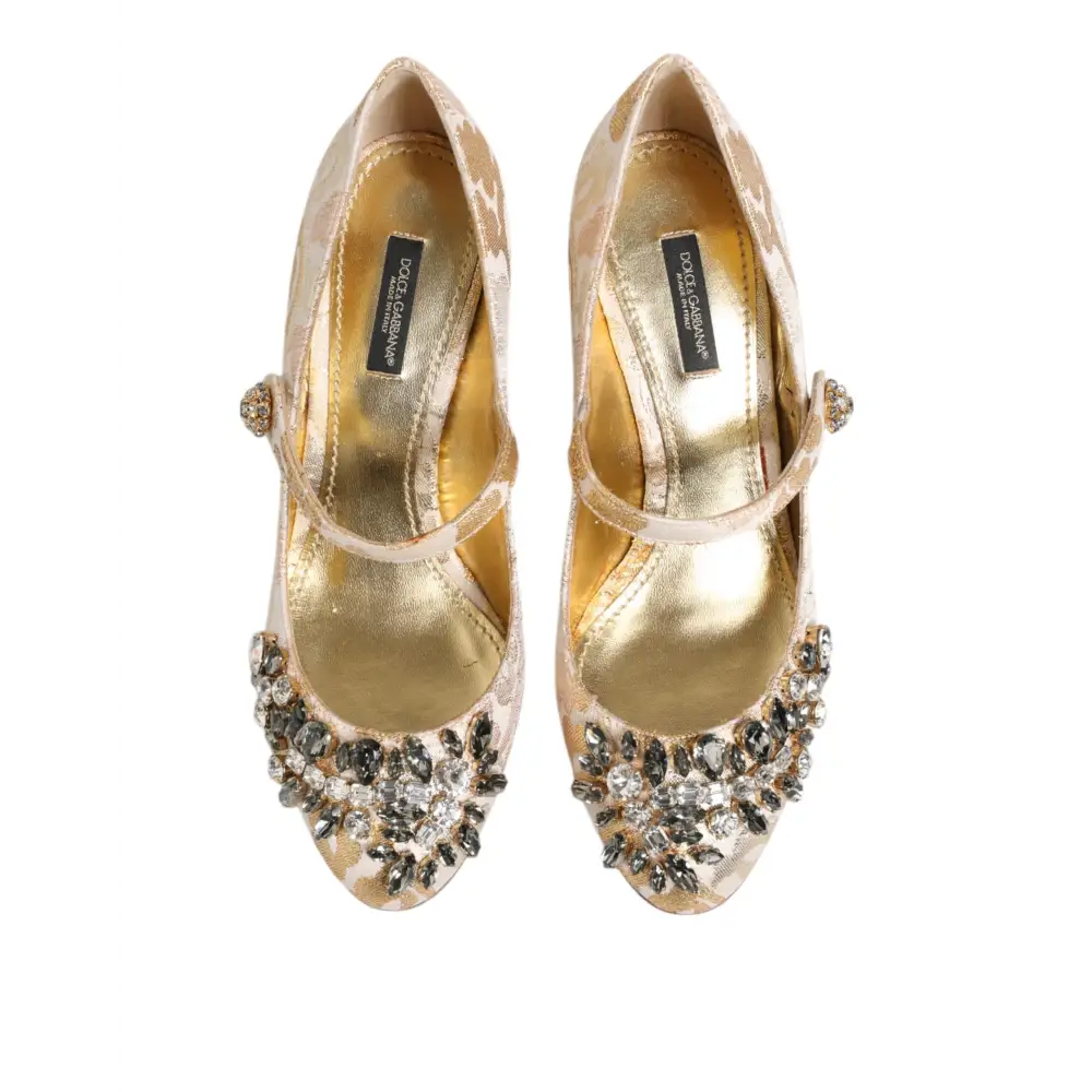 Dolce & Gabbana Gold Jacquard Kristall Mary Janes Pumps Schuhe - EU38/US7.5