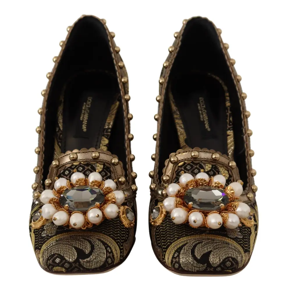 Dolce & Gabbana Gold Kristall Quadratische Zehe Brokat Pumps Schuhe - EU36/US5.5