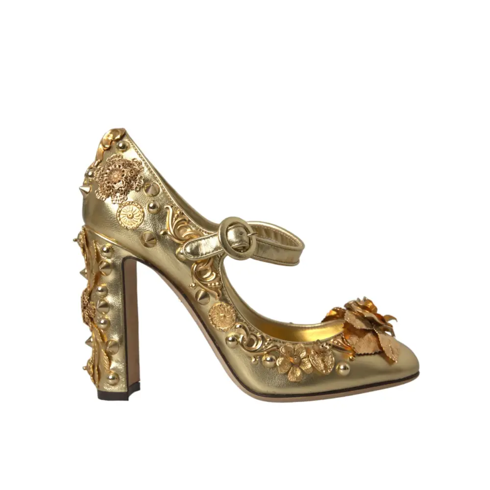 Dolce & Gabbana Gold Leder Kristall Mary Janes Pumps Schuhe - EU36/US5.5