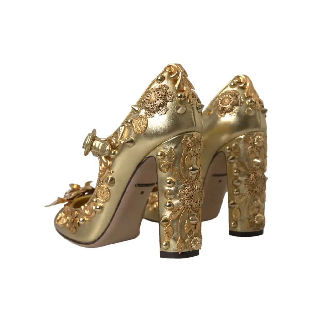 Dolce & Gabbana Gold Leder Kristall Mary Janes Pumps Schuhe - EU36/US5.5