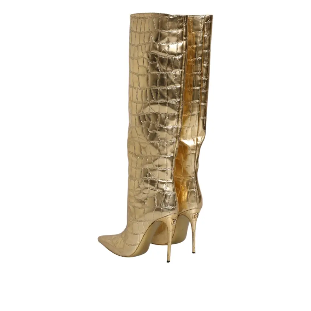 Dolce & Gabbana Gold Leder Stiletto Heels Hohe Stiefel Schuhe