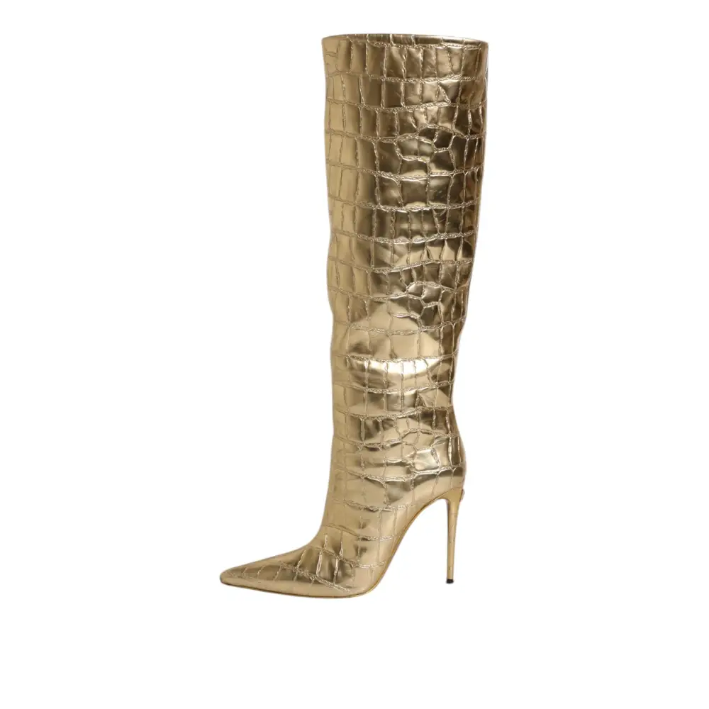 Dolce & Gabbana Gold Leder Stiletto Heels Hohe Stiefel Schuhe