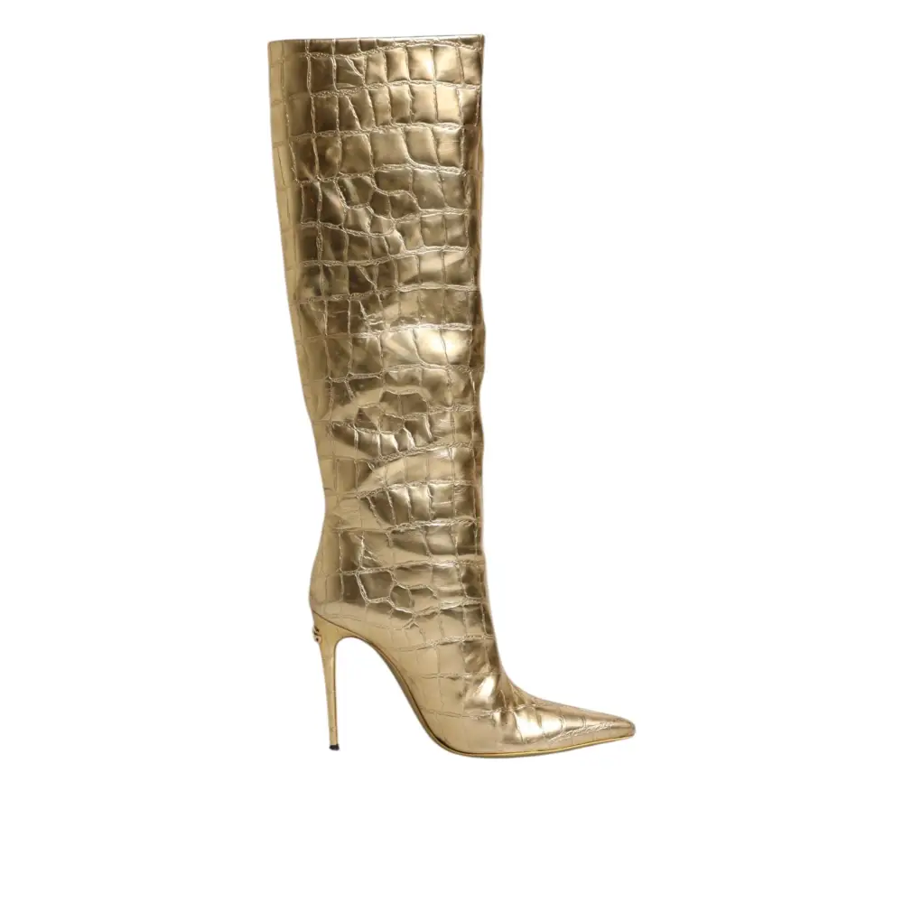 Dolce & Gabbana Gold Leder Stiletto Heels Hohe Stiefel Schuhe