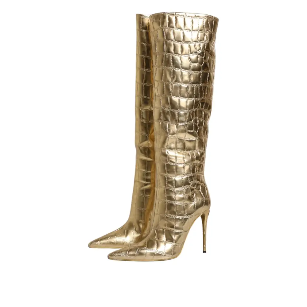Dolce & Gabbana Gold Leder Stiletto Heels Hohe Stiefel Schuhe