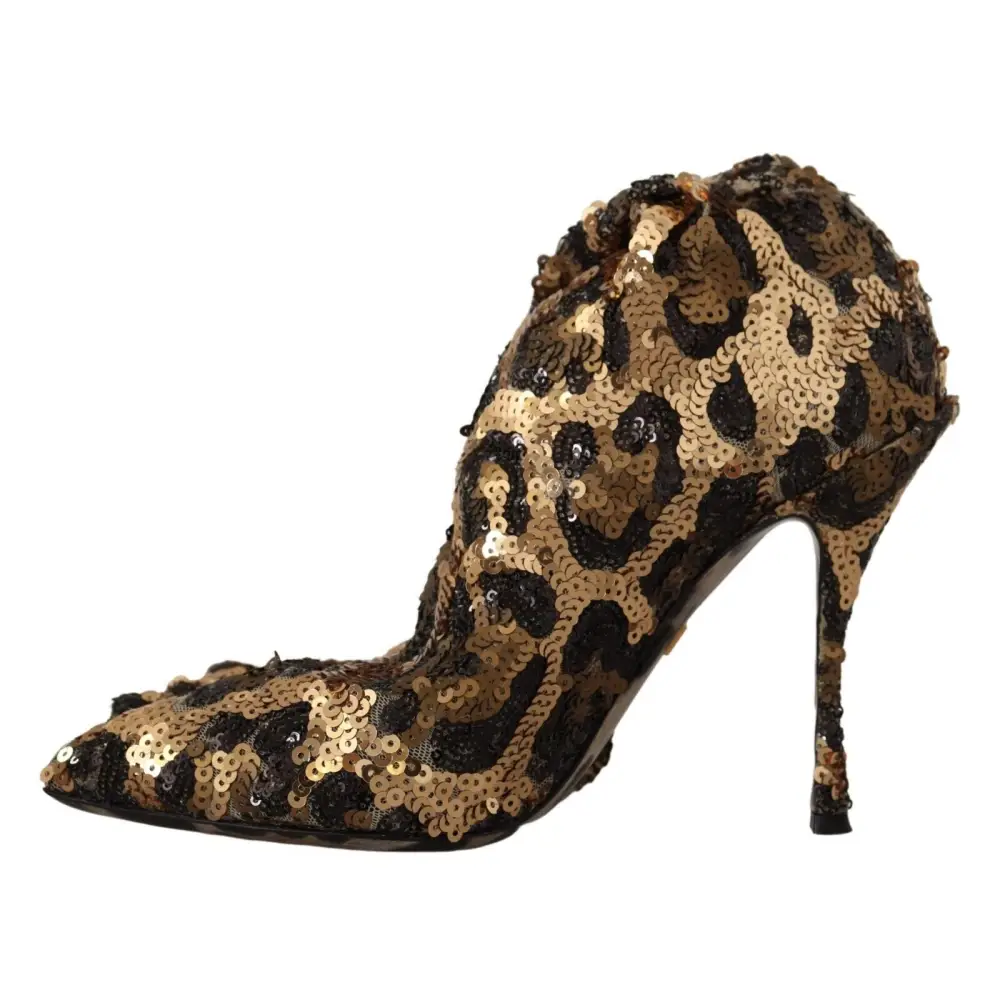 Dolce & Gabbana Gold Leopard Pailletten Heels Stiefel Schuhe - EU39.5/US9