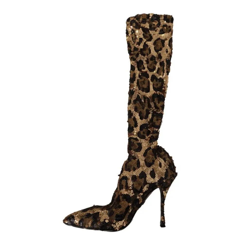 Dolce & Gabbana Gold Leopard Pailletten Heels Stiefel Schuhe - EU39.5/US9
