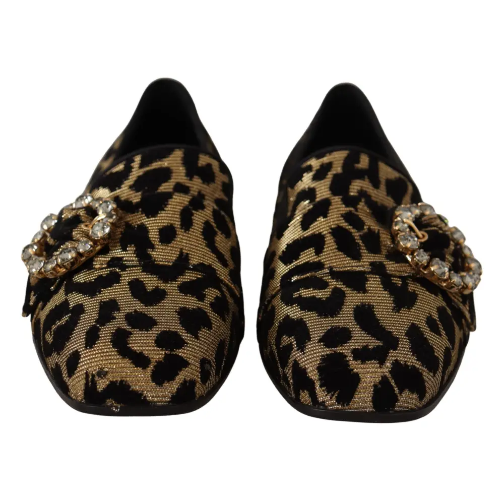 Dolce & Gabbana Gold Leopard Print Kristalle Loafers Schuhe - EU36.5/US6