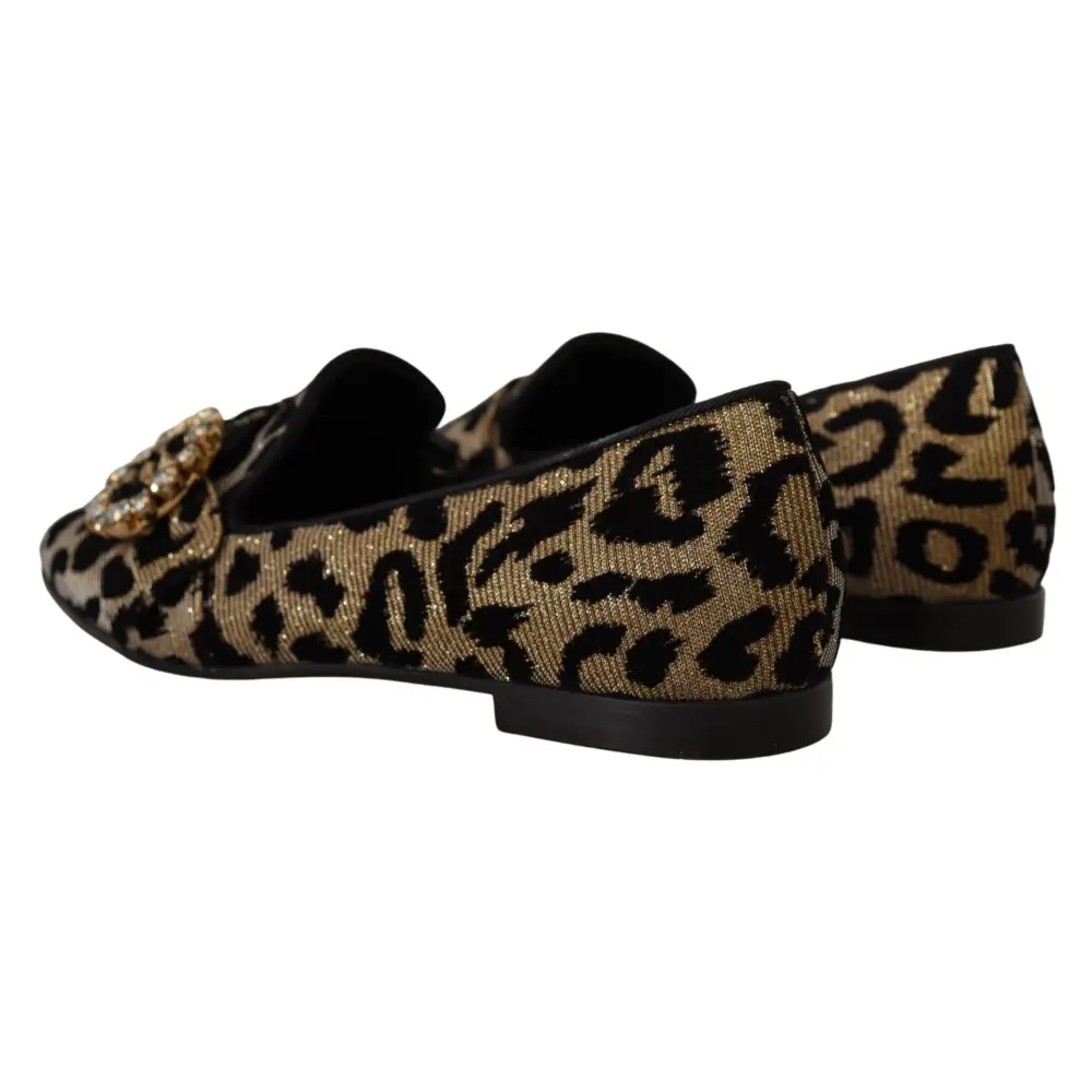 Dolce & Gabbana Gold Leopard Print Kristalle Loafers Schuhe - EU36.5/US6