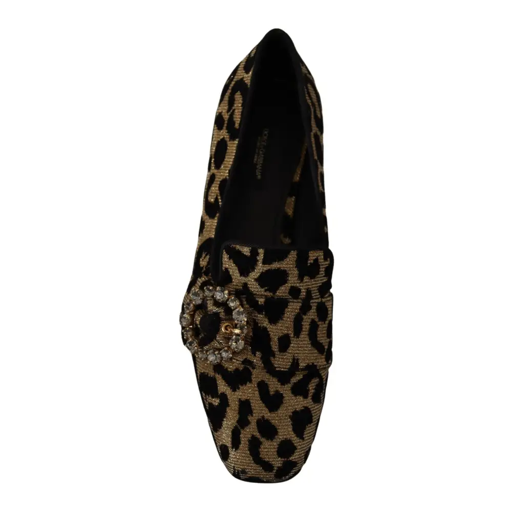 Dolce & Gabbana Gold Leopard Print Kristalle Loafers Schuhe - EU36.5/US6