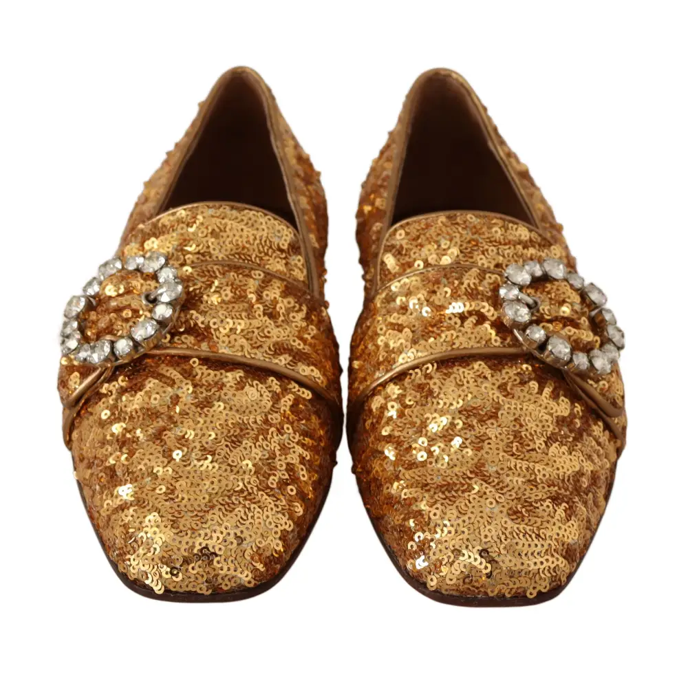 Dolce & Gabbana Gold Pailletten Kristall Flach Frauen Loafers Schuhe - EU37/US6.5