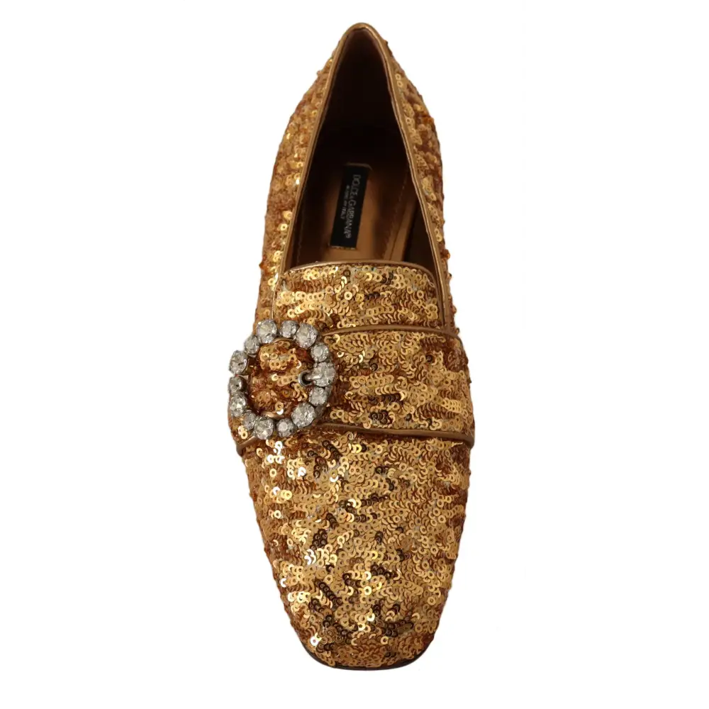 Dolce & Gabbana Gold Pailletten Kristall Flach Frauen Loafers Schuhe - EU37/US6.5