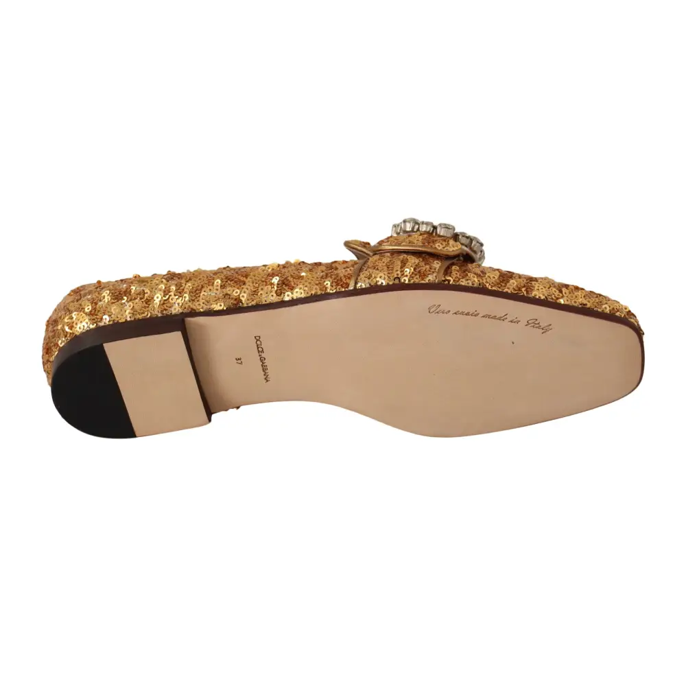 Dolce & Gabbana Gold Pailletten Kristall Flach Frauen Loafers Schuhe - EU37/US6.5