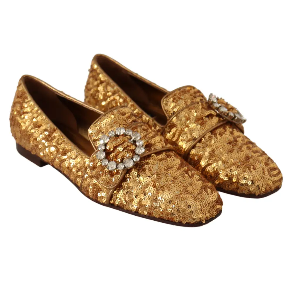 Dolce & Gabbana Gold Pailletten Kristall Flach Frauen Loafers Schuhe - EU37/US6.5