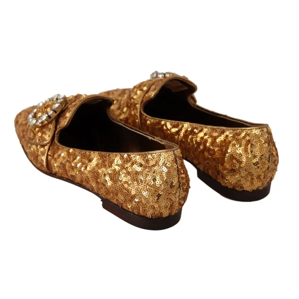 Dolce & Gabbana Gold Pailletten Kristall Flach Frauen Loafers Schuhe - EU37/US6.5
