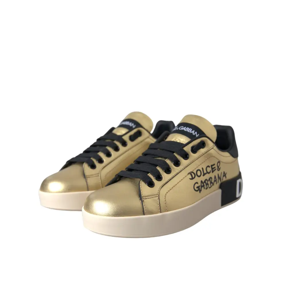 Dolce & Gabbana Gold Portofino Kalbsleder Sneakers Frauen Schuhe