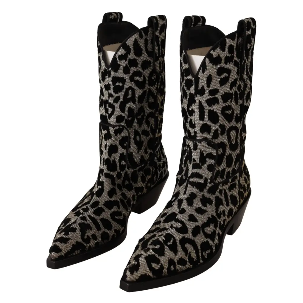 Dolce & Gabbana Grau Schwarz Leopard Cowboy Stiefel Schuhe - EU37/US6.5