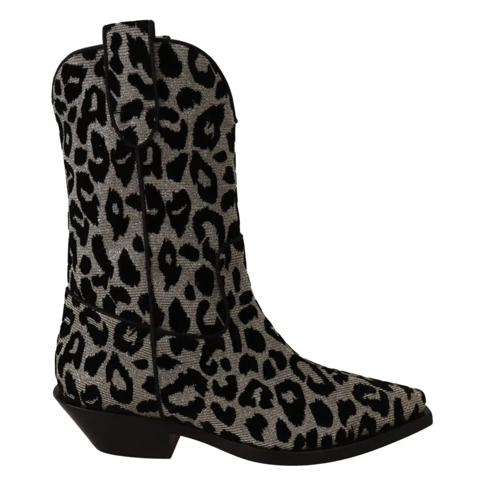Dolce & Gabbana Grau Schwarz Leopard Cowboy Stiefel Schuhe - EU37/US6.5
