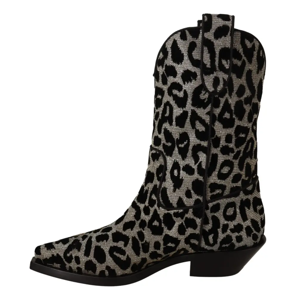 Dolce & Gabbana Grau Schwarz Leopard Cowboy Stiefel Schuhe - EU37/US6.5