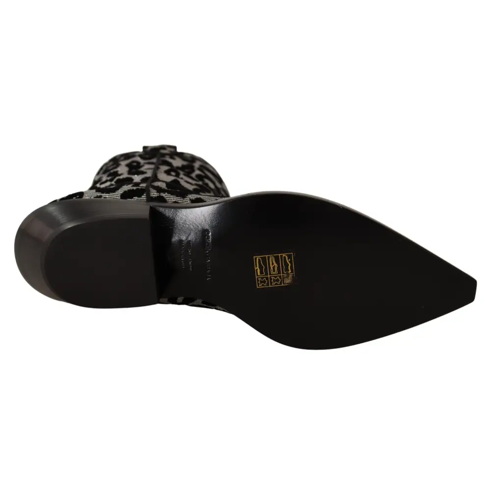 Dolce & Gabbana Grau Schwarz Leopard Cowboy Stiefel Schuhe - EU37/US6.5