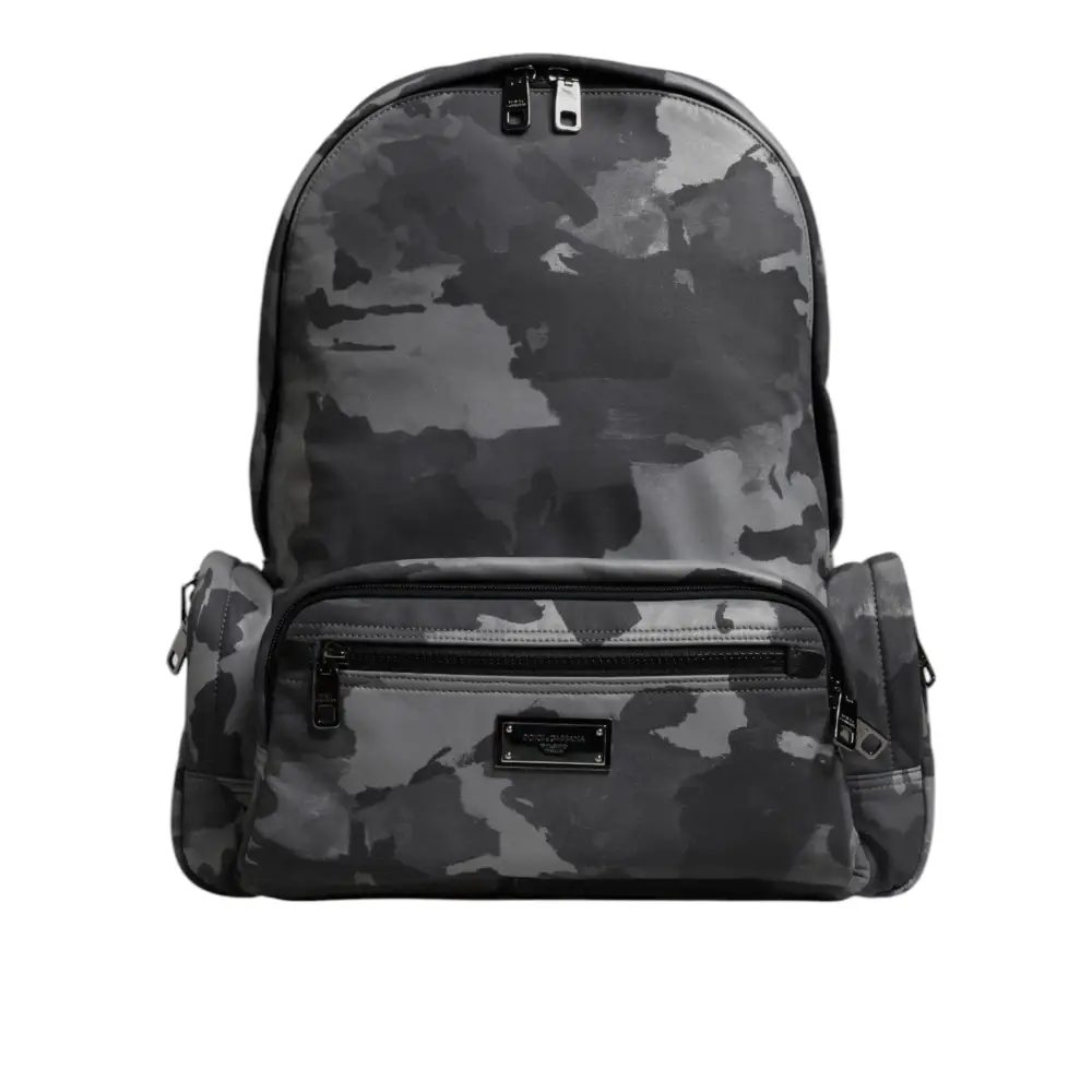 Dolce & Gabbana Graue Baumwolle Camouflage Logo Plaque Rucksack Tasche